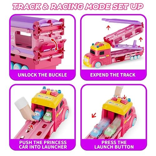 Funwee Car Toys for Age 2 3 4 5 6 7 Year Girl Toddler, Foldable Track & 2 Player Race Mode Game, Light & Sound Push Transport Carrier Truck W/ 6 Princess Car, Birthday Gift Idea for Kid thumbnail 6