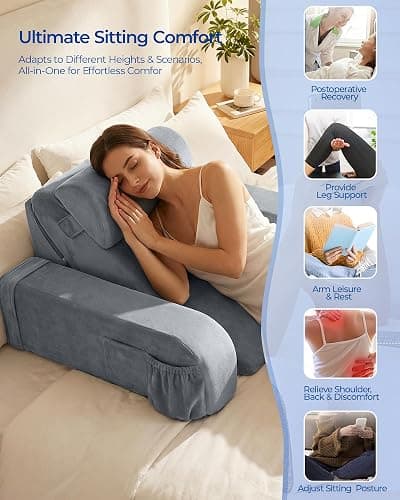 Reading Pillow with 30-90° Stepless Adjustable Angle & Height, 2 in 1 Back Wedge Pillow for Bed Sitting up with Detachable Arms Rest, Backrest Pillow for Reading/Gaming/Working in Bed or Couch, Medium thumbnail 8