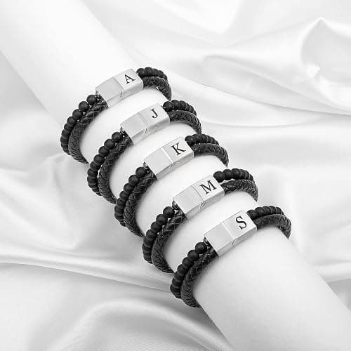 LUXEJEW Gifts for Men - Mens Bracelet, Beaded Leather Initial Bracelet 6mm Matte Agate Stone Handmade Bracelets Adjustable Stainless Steel Magnetic Clasp Mens Jewelry Gifts thumbnail 7