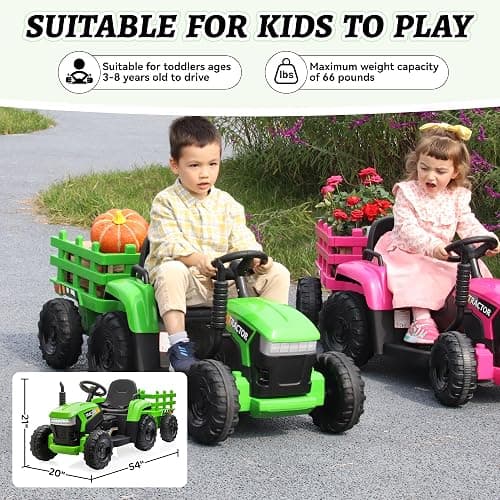 TOBBI Kids Electric Ride On Toy Tractor, Toddlers 12V Battery-Powered Car to Drive, 35W Dual Motor 6-Wheels Trailer Vehicle with 3-Speeds/LED & Horn Functions for Chirdren Aged 3-8-Pink thumbnail 6
