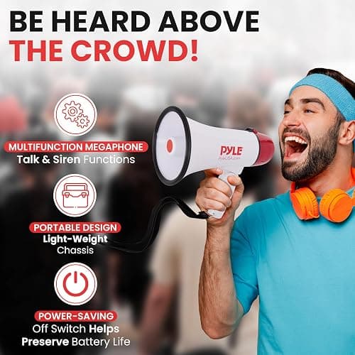Pyle 20W Megaphone Bullhorn - 5.4'' x 8.6'' Portable Megaphone, Projection Range Up to 1100 Sq. Yards, Voice Talking & Siren Alert, Shoulder Strap, Battery Operated, (White) thumbnail 3