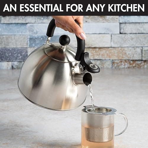 Primula Stewart Whistling Stovetop Tea Kettle Food Grade Stainless Steel, Hot Water Fast to Boil, Cool Touch Folding, 1.5-Quart, Brushed with Black Handle thumbnail 2