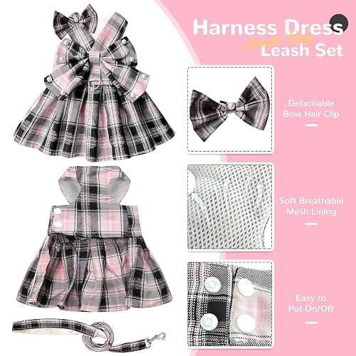 PETCARE Cute Dog Dress Clothes for Small Dogs Cats Girl Female Pink Plaid Bow Tie Dog Harness Dresses Leash Set with Pearls Bow Accessories Birthday Puppy Dress Shih Tzu Yorkies Chihuahua Outfits thumbnail 6