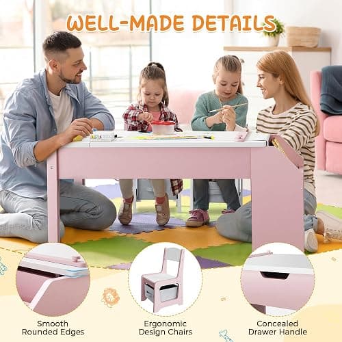 5-in-1 Kids Art Table and Chairs, Wood Toddler Table and Chair Set with Storage Drawers, Craft Play Desk for Kids, Convertible Art Easel with Paper Roll Holder, Children Activity Learning Center-Pink thumbnail 8