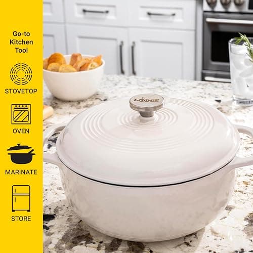 Lodge 6 Quart Enameled Cast Iron Dutch Oven with Lid – Dual Handles, Oven Safe up to 500°F, Stovetop Compatible – Marinate, Cook, Bake, Refrigerate & Serve – Oyster White thumbnail 4