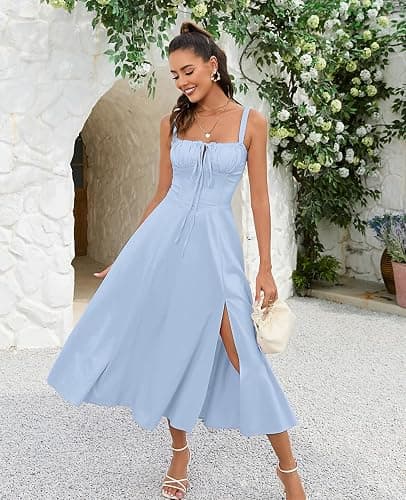 GLNEGE Women's Summer Milkmaid Midi Dresses Casual Corset Flowy Graduation Square Neck Dress Lace Up A-line Sundress 2025 thumbnail 4