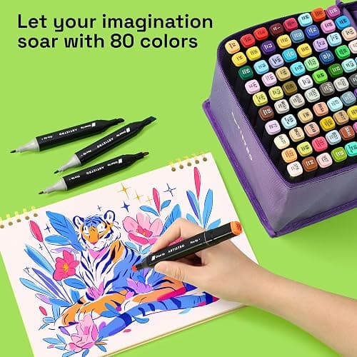 Alcohol Dual Tip Markers Set of 80 with No Bleed Ink, Bonus Case and Vibrant Fade-Resistant Colors, Art Supplies for Sketching, Manga, Drawing, Adult Coloring Books, Card Making (Fine & Chisel) thumbnail 5
