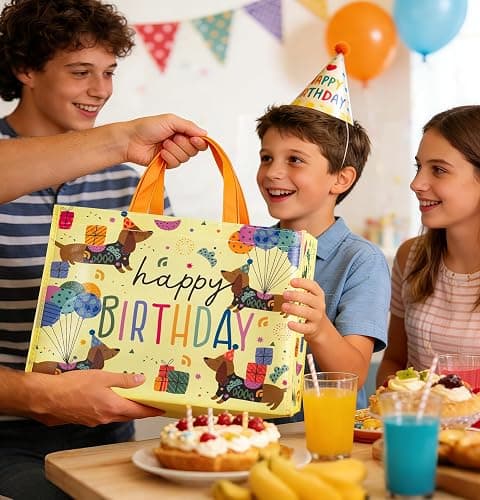 WRAPAHOLIC Large Reusable Beige Dachshund Birthday Gift Bag with Handles - 10 x 5 x 13 inch - Happy Bday Beige Dog Gift Bags for Kids Boys Girls Birthday, Pet Lovers and Shopping thumbnail 7