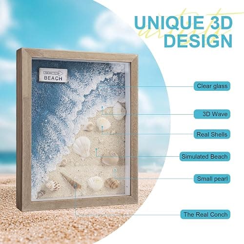 pechpell Beach Wall Decor With 3D Seashell Conch Waves, Teal Blue Coastal Themed Room Beach House Sign Table Shelf Wall Art, Beachy Aesthetic Nautical Bathroom Bedroom Decorations For Home thumbnail 4