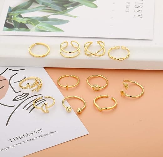 Honsny 11PCS Adjustable Stackable Rings for Women, Silver Gold Knuckle Rings Set Joint Finger Rings Pack Cute Rings for Teen Women thumbnail 6