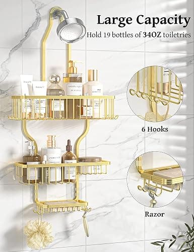 YASONIC Never Rust Shower Caddy Hanging Organizer - Aluminum Over-the-Showerhead Rack With 10 Hooks for Razor/Sponge and Soap Basket - Gold thumbnail 3
