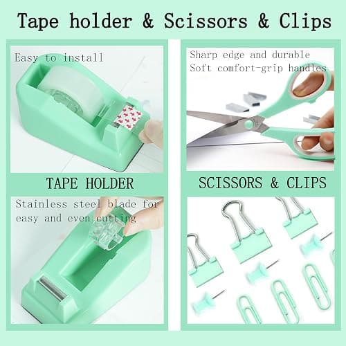 Dimonluce Green Office Supplies, Teal Desk Accessories Accessories with Tape Dispenser, Stapler, Staple Remover, 1000 Staples, Tape, Clips Set, Ruler, Scissor, Pen thumbnail 4