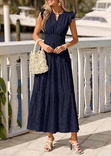 PRETTYGARDEN Women's Summer Eyelet Boho Maxi Dresses | V Neck, Elastic Waist, Cap Sleeve, Tiered Ruffle, A-Line, Floral Lace Cutout, Wedding Guest Dress, Beach Vacation Clothes thumbnail 8