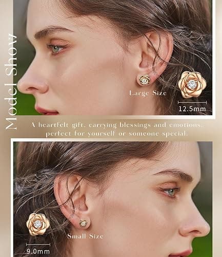 Gold Plated Sterling Silver Rose Flower Earring Studs, Hypoallergenic & Nickel Free Earrings for Women thumbnail 4