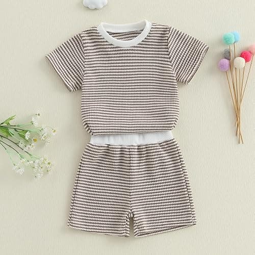 VISGOGO Boy Boy Girls Toddler Summer Outfit Striped T-shirt Toddler Boy Summer Clothes 6 12 18 Months 2 3 4 5 T Short Set thumbnail 3