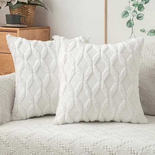 MIULEE Pack of 2 Christmas Embroidered Faux Wool Throw Pillow Covers Decorative Pillowcase Cushion Case for Couch Sofa Bedroom Car 18x18 Inch, Pure White - Image 1