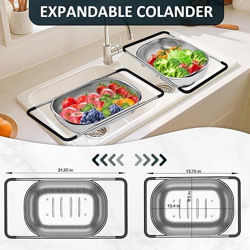 Over the Sink Colander - Strainers and Colanders - Sink Strainer Basket - Expandable Fine Mesh Strainer with Rubber Grip for Veggie, Fruits, Pasta, Home Kitchen Essentials (9.5W x 13.4-21.3L x 3.3H) thumbnail 6