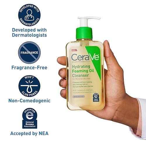 CeraVe Hydrating Foaming Oil Cleanser, Moisturizing Cleanser for Face & Body, Squalane Oil + Hyaluronic Acid + Ceramides, For Dry to Very Dry Skin, Fragrance Free & Residue Free, 8 FL Oz thumbnail 7