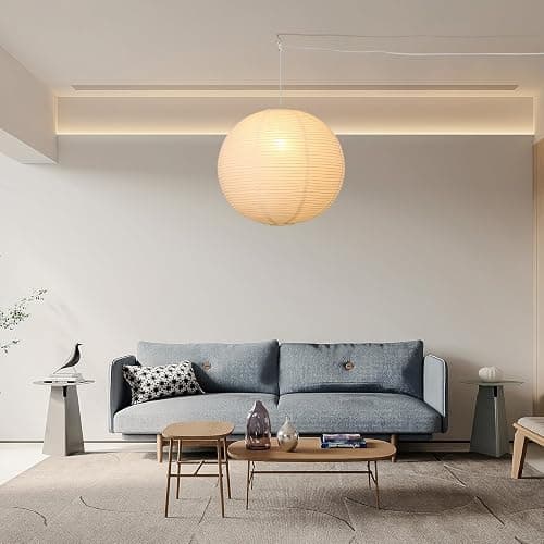 Fivemengo Paper Lantern Lamp Plug in Hanging Lamp, 20in White Rice Paper Pendant Light with 19.7FT Cord Large Globe Japanese Japandi Wabi Sabi Chandelier for Dining Living Room Bedroom Office 1 Pack thumbnail 8