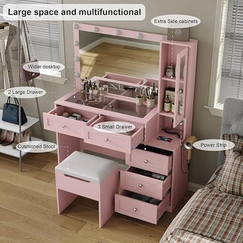 CollaredEagle 43" W Vanity Desk with Mirror & 11 Lights, 5 Drawer Modern Makeup Desk with Glass top & Cushioned Stool, 3 Lighting Modes Brightness Adjustable,Power Outlet,Bedroom, Pink thumbnail 3