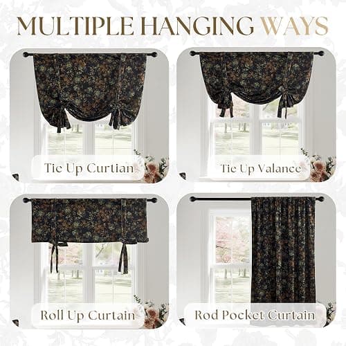 StangH Vintage Floral Tie Up Curtains for Living Room, Black Flower Patterned Light Blocking Velvet Drapes Thermal Insulated Farmhouse Drapes for Bedroom Home Office, W46 x L63, 1 Panel thumbnail 5