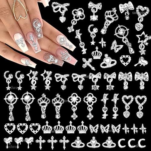 100 Pcs Silver Nail Charms and Gems, Silver Dangle Star Bows Nail Gems Charms, Metal Crown Heart Butterfly Charms for Acrylic Nail Art Alloy Cross Nail Charms for Women DIY Accessories - Image 1