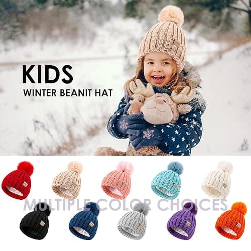 Children's Winter Warm Pompom Hat Fleece Lined Knit Beanie for Kids Aged 3-9, Perfect for Boys and Girls thumbnail 7