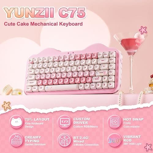 YUNZII C75 Wireless Mechanical Keyboard,75% Layout, Hot-Swappable NKRO,BT5.0/2.4G/USB-C Mode,Dye-Sub PBT MOA Keycaps,RGB Gasket Mount,Cute Cake Design for Mac/Win/Gaming (Pink, Candy Switch) thumbnail 3