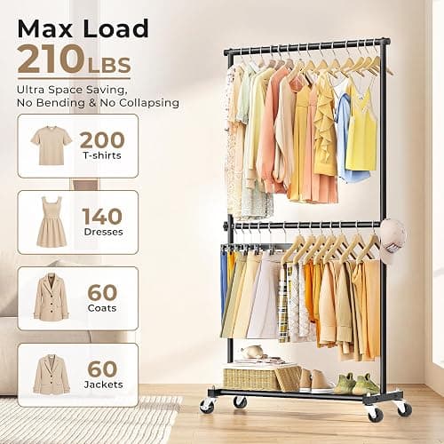 JIEJIERUI Double Rod Clothes Rack, 35" Wide Rolling Rack for Clothes, Portable Clothing Racks for Hanging Clothes, Metal Garment Racks with Wheels for Bedroom Laundry, Black thumbnail 3