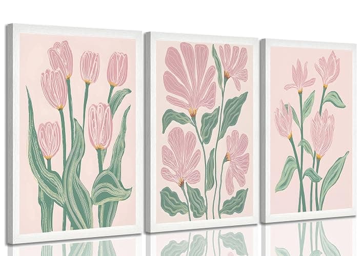3 Pcs Pink Tulips Flowers Canvas Wall Art Boho Pink and Green Abstract Floral Botanical Paintings Pictures Wall Decor Poster Print Artwork for Living Room Bedroom Home Decoration Unframed - Image 1