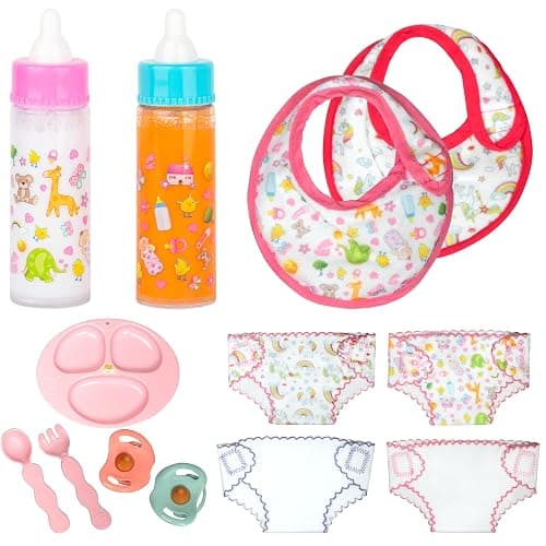 My Sweet Baby 13-Piece Doll Feeding & Diaper Bag Set – Disappearing Milk Bottles, Bibs, Pacifiers, Diapers & Accessories Set – Pretend Play Baby Doll Care Kit for Girls – Fits 12–18″ Dolls thumbnail 5