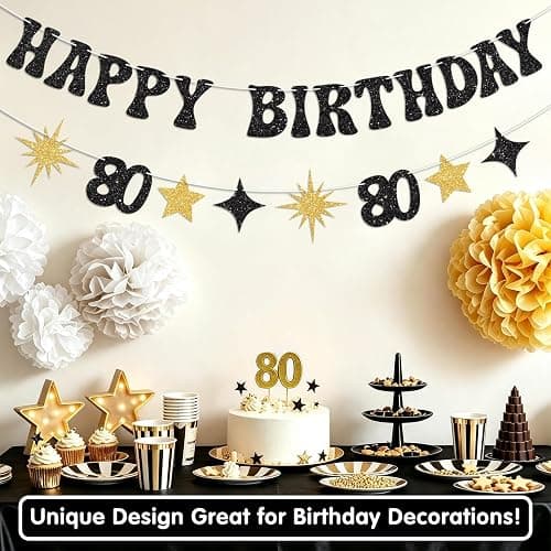 Vofrise Black Gold Happy 80th Birthday Banner Pre-Strung 80th Birthday Decorations for Women Men Glitter Star Cheers to 80 Years Old Birthday Decorations Eighty Bday Party Supplies thumbnail 6