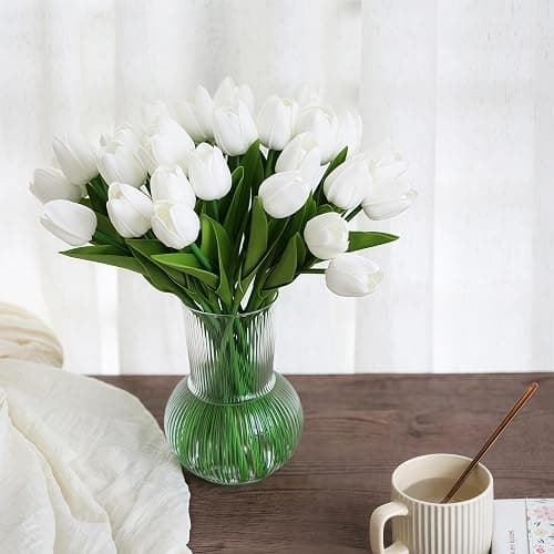 FUNZON 20 PCS Tulips Artificial Flowers, Real Touch Fake Flowers, White Artificial Tulips That Look Real Wedding Decorations Mother's Day Easter Gifts (20, White) thumbnail 6