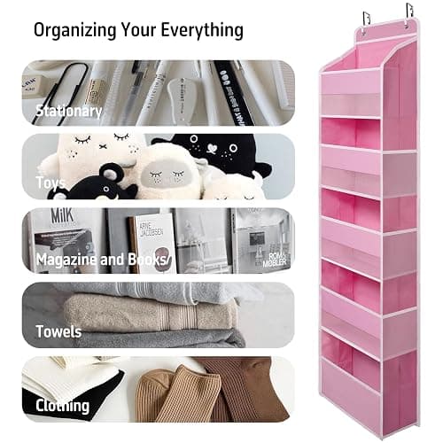 TYMENSH Over Door Organizer with 5 Large Pockets, Heavy Duty Hanging Organizer Storage, Closet Bathroom Nursery Bedroom Dorm, Toys Cosmetics Sundries and Baby Essentials, Pink thumbnail 6