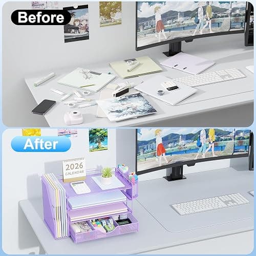 gianotter Desk Organizers and Accessories with File Holder, 4-Tier Desk Accessories & Workspace Organizers with Drawer and 2 Pen Holder, Paper Organizer for Office Supplies (Purple) thumbnail 4