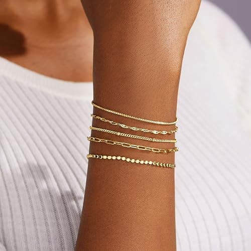 Gokeey Gold Bracelets for Women Trendy,14K Gold Plated Dainty Stackable Paperclip Cuban Link Chain Bracelets, Simple Cute Cuff Bracelets Jewelry Set Adjustable 7"+2" thumbnail 4