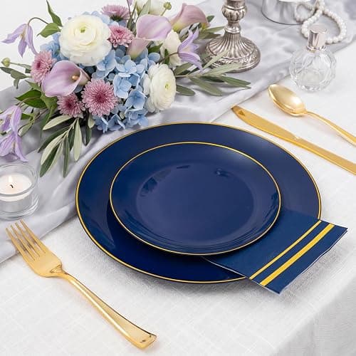 NOCCUR 350PCS Navy Blue Plastic Plates - Blue Disposable Dinnerware Set for 50 Guests, 100 Dinner/Dessert Plates, 150 Gold Silverware, 50 Cups&50 Napkins for Party/Wedding/Graduation/Independence Day thumbnail 2