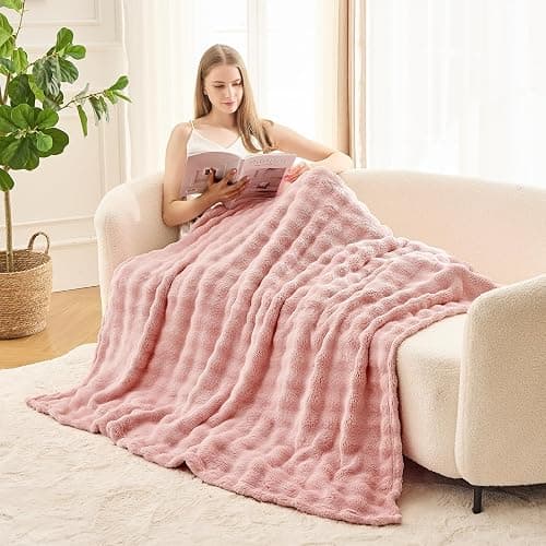 Wajade Soft Fleece Throw Blanket for Couch, 3D Small Bubble Decorative Cozy Fuzzy Flannel Blanket 60x80 Inches， Lightweight Warm Blanket for Bed Office, Pink - Pink - Twin- 60" x 80" thumbnail 2