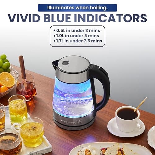 Elite Gourmet EKT-602 BPA-Free Electric Glass Kettle, Cordless 360° Base | Stylish Blue LED Interior, Auto Shut-Off Function, Quickly Boil Water for Tea & More thumbnail 7