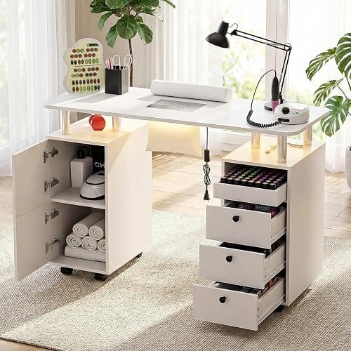 Oakvera Nail Tech Table with Dust Collector & LED Light, Rolling Manicure Desk with Storage Drawers & Cabinets, Lockable Wheels, Acetone-Resistant Beauty Workstation for Salon, Home (White) - Image 1