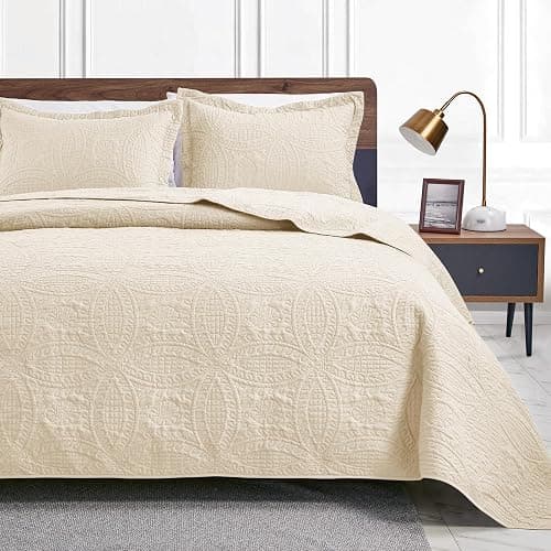 Love's cabin Quilts for Queen Bed Beige Bedspreads Bedding Set - Summer Lightweight Bedspread Comforter - Coin Pattern Bedding Coverlet for All Season - 3 Pieces (1 Quilt, 2 Pillow Shams) - Image 1