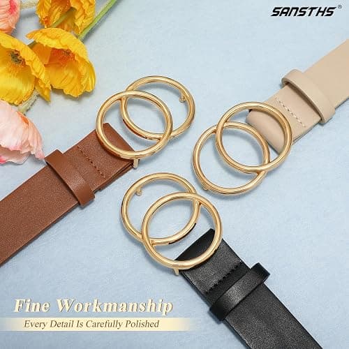 SANSTHS 3 Pack Women Waist Belts for Jeans Pants Dresses, Ladies Belt with Double O-Ring Gold Buckle thumbnail 3