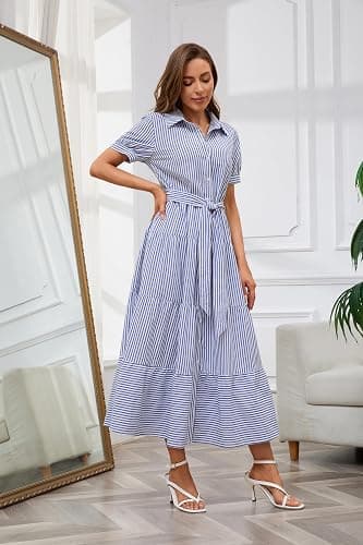 utcoco Womens Casual Short Sleeve Button Down Tie Waist Ruffled Striped Maxi Shirt Dress thumbnail 4