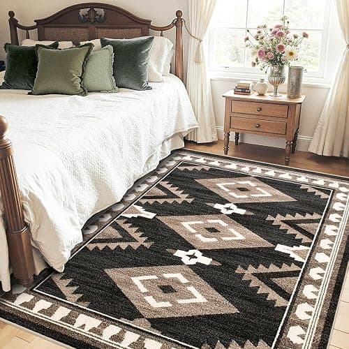Tijuboni Western Rugs for Living Room Non Slip, Southwestern Area Rugs for Dining Room Kitchen Bedroom Nursery, Washable Rubber Backing, 4x6 Aztec Black-White-Brown thumbnail 2