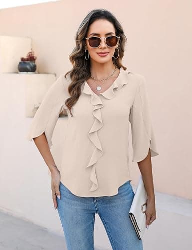 Blooming Jelly Womens Dressy Casual Blouses 3/4 Sleeve V Neck Ruffle Tops Business Ladies Summer Trendy Fashion Work Shirt thumbnail 2