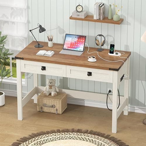 YOMILUVE Farmhouse Computer Desk with 2 Drawers, 39 Inch Small Office Computer Desk with Power Outlets, Compact Writing Study Desk for Small Spaces, Antique White thumbnail 3
