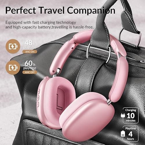 Wentronic Y02 Active Noise Cancelling Headphones,60H Battery,5 EQ Music Modes,Hi-Res Audio,Deep Bass,Foldable Wireless Over Ear Bluetooth 5.4 Headset,Breathable Leather Earpads (Pink) thumbnail 4
