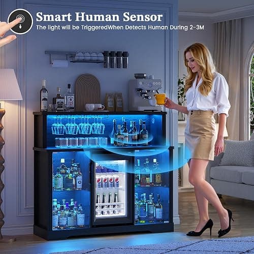 TAGELIER 47'' Wine Bar Cabinet with Mini Fridge Space & RGB Lights | Charging Station, Coffee Bar Station, Adjustable Shelves, Wine Racks, Liquor Cabinets, for Home Bar Dining Room Living Room thumbnail 4