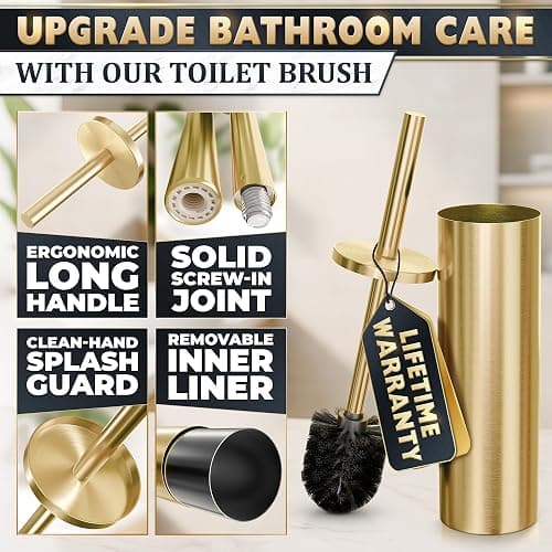 Gold Toilet Brush and Holder Set - Brushed Stainless Steel Gold Toilet Bowl Brush and Holder with Replaceable Head, Removable Inner Bowl, and Splash Protection - Dense Bristles for Thorough Cleaning thumbnail 3