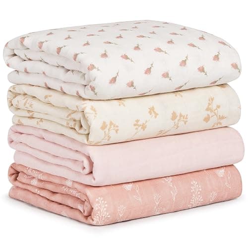 CIVARUA KIDS Muslin Swaddle Blankets for Newborn, 4 Pack Cotton Baby Blankets for Girls, Large 31.5 x 43.3 Breathable Soft Receiving Blanket, Essentials Swaddle Wrap Burping Clothes, Flowers - Image 1